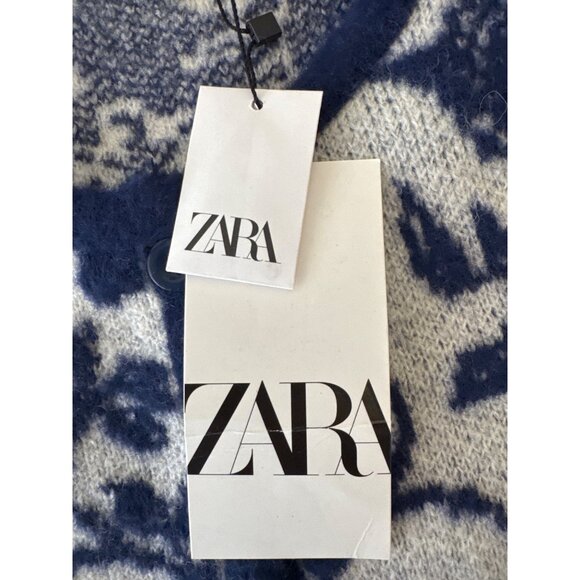 ZARA Floral Knit Cardigan XS Cropped Button-Front Wool Blend White/Blue NWT - Picture 12 of 13